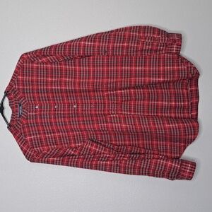 Lands End Women's 1/2 Button Popover Shirt Red Plaid Silver Metallic Pleated 14